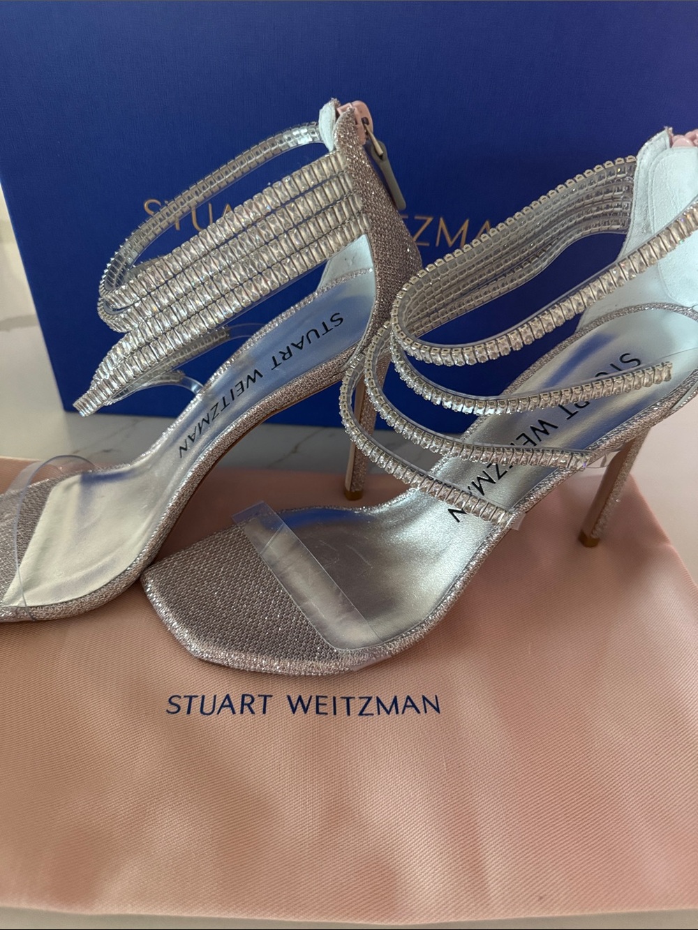 Stuart Weitzman Silver Crystal-Strap Stiletto Sandals 9 NEW